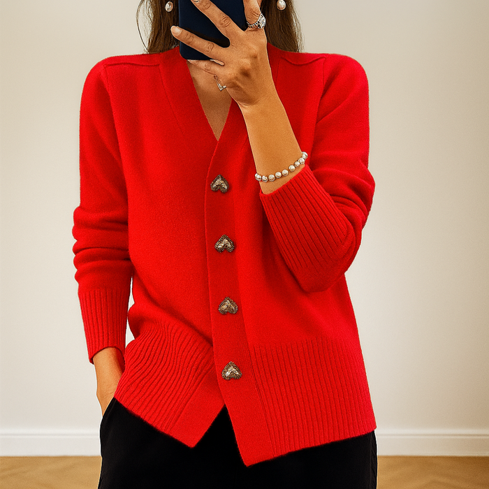 Women's V-Neck Knit Cardigan with Heart Buttons