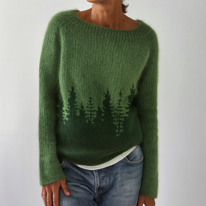 Tree Print Round Neck Sweater with Dropped Shoulders