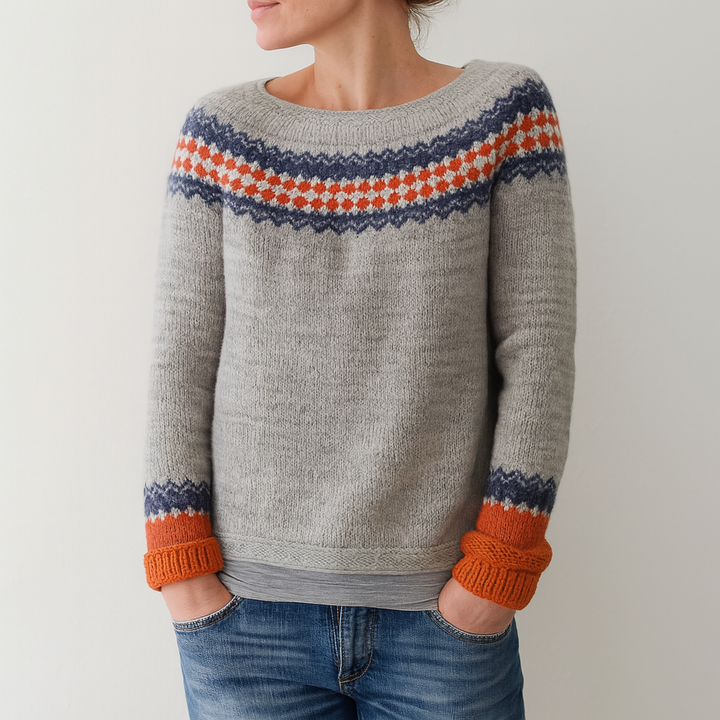 Tree Print Round Neck Sweater with Dropped Shoulders