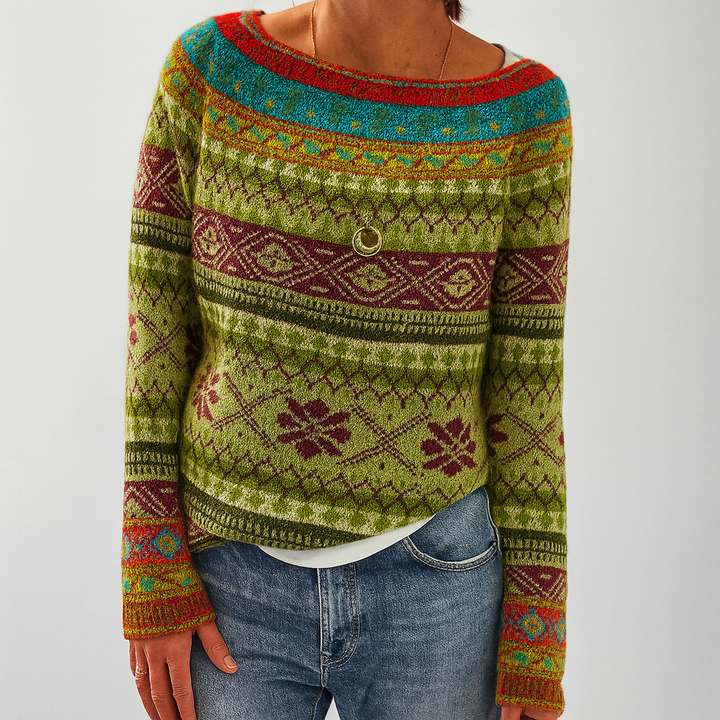 Tree Print Round Neck Sweater with Dropped Shoulders