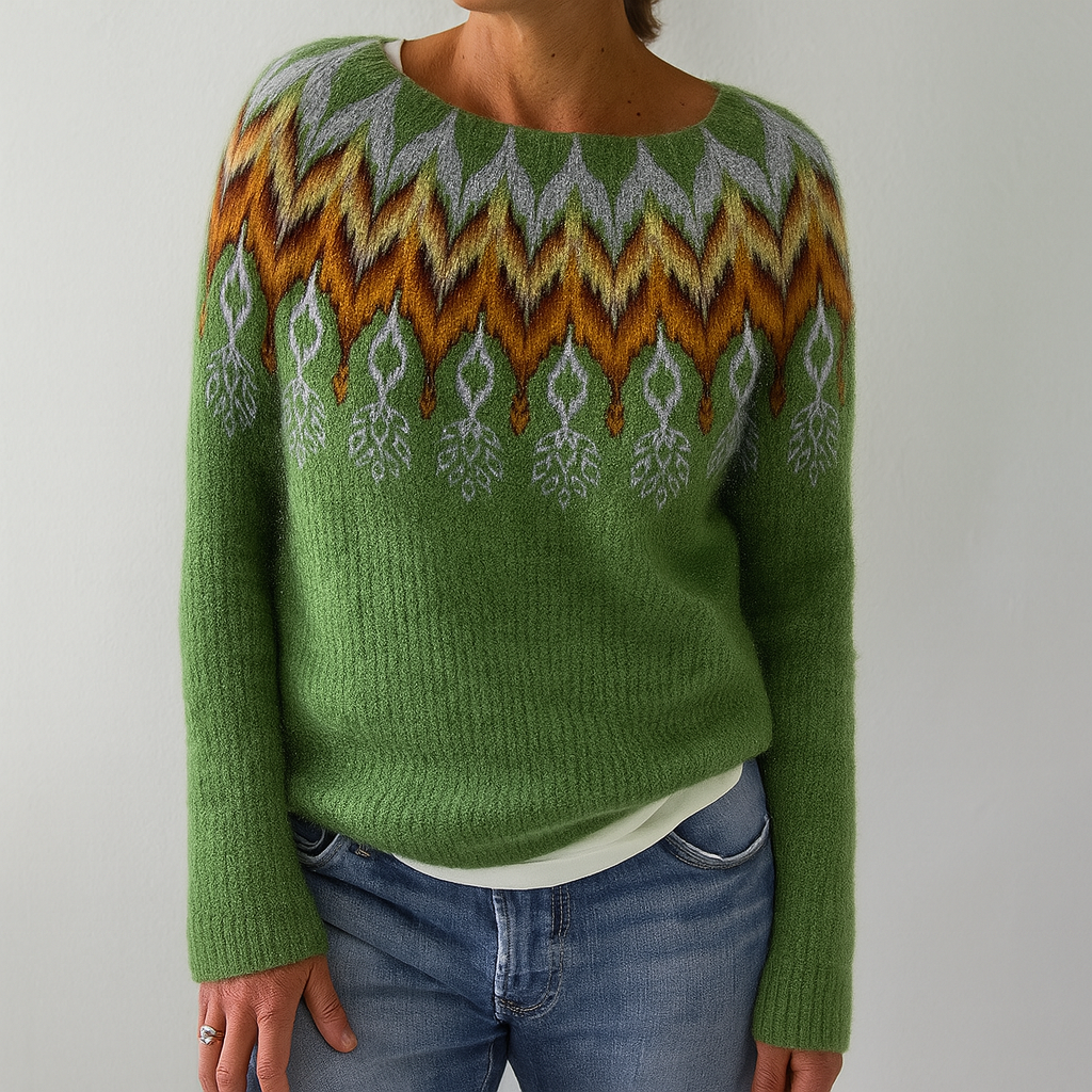 Tree Print Round Neck Sweater with Dropped Shoulders