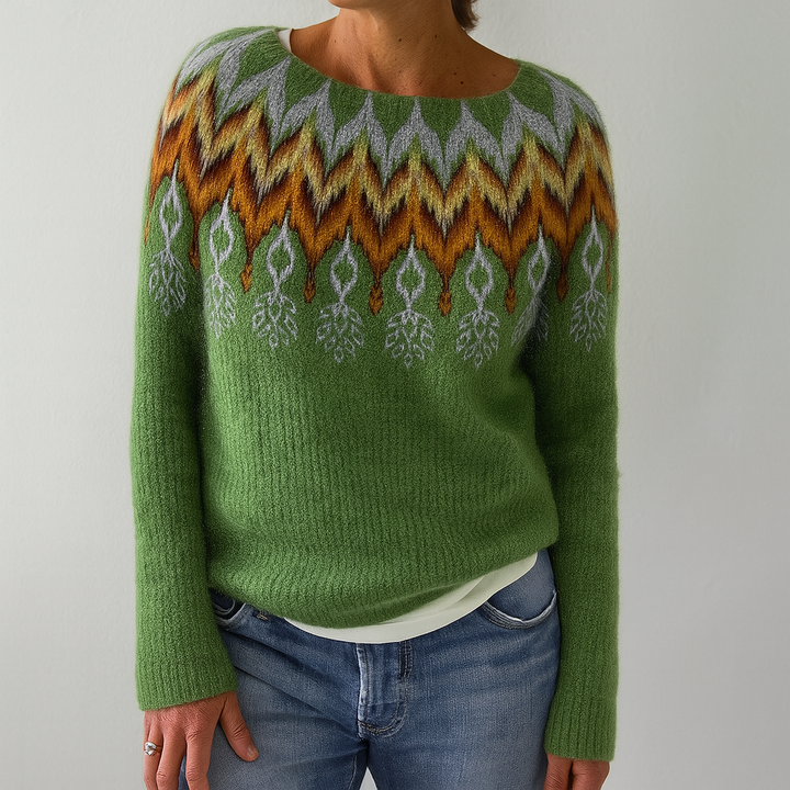 Tree Print Round Neck Sweater with Dropped Shoulders