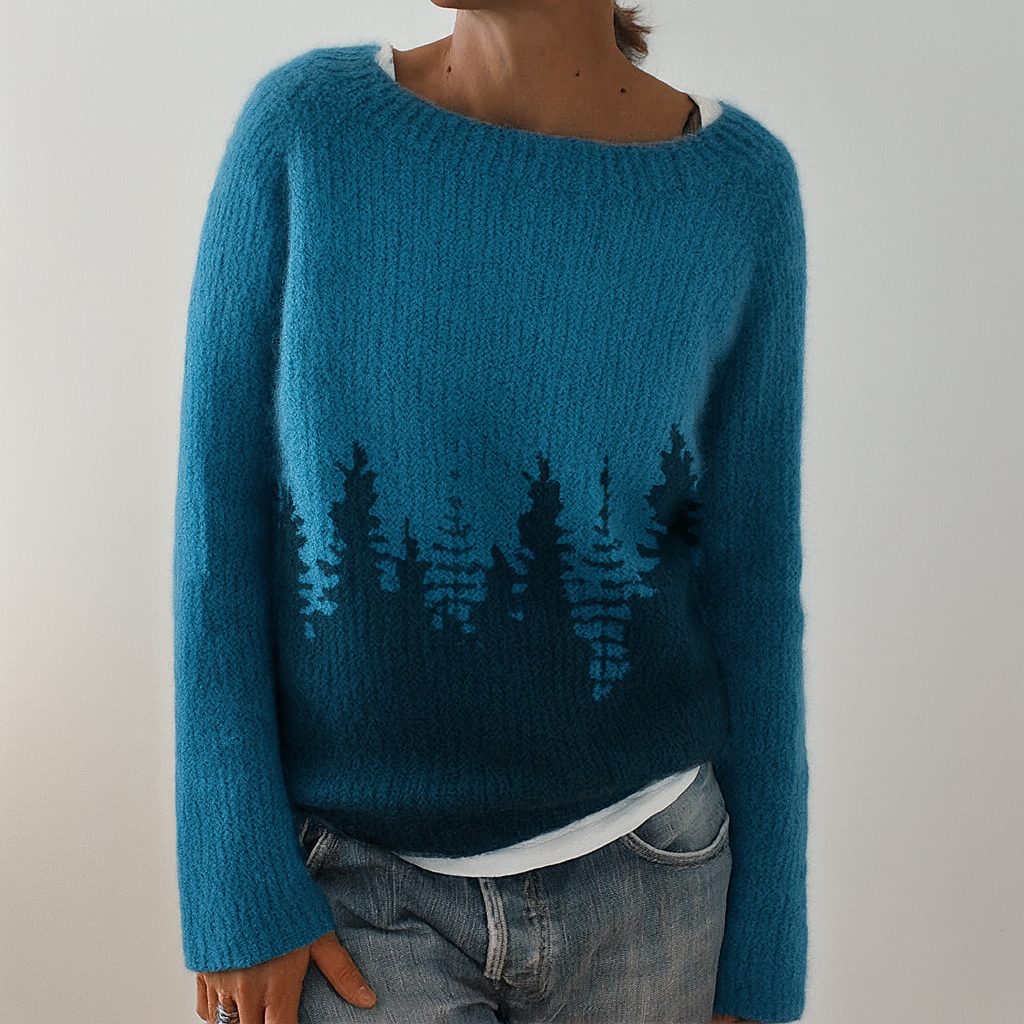 Tree Print Round Neck Sweater with Dropped Shoulders