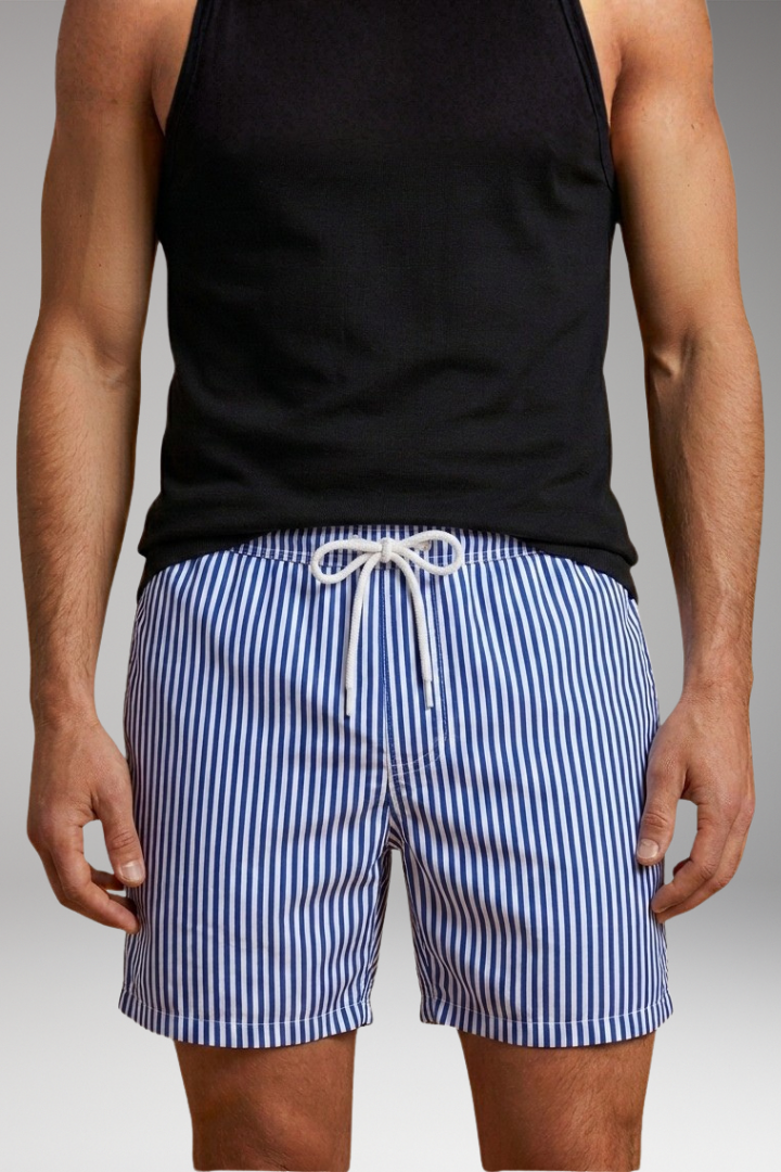 Men's Swim Shorts with Striped Design and Drawstring Waistband