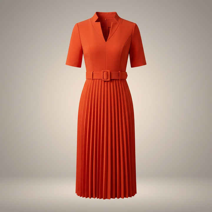 Women's Knee-Length Pleated Dress with High Waist and V-Neck