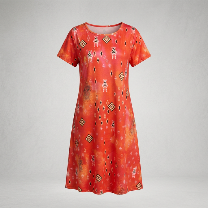 Women's Boho Midi Dress with Short Sleeves and Geometric Floral Print