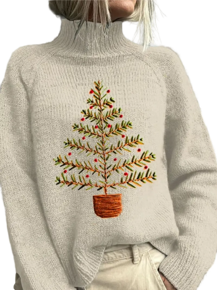 Women's Embroidered Christmas Tree Sweater Turtleneck