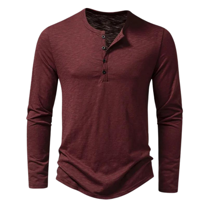 Men's Long Sleeve Henley Shirt Button Placket Curved Hem