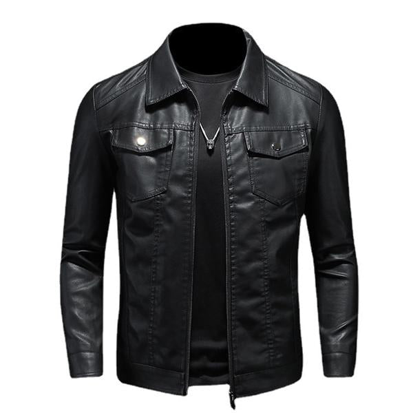 Men's Biker Jacket with Lapel Collar and Zip Front