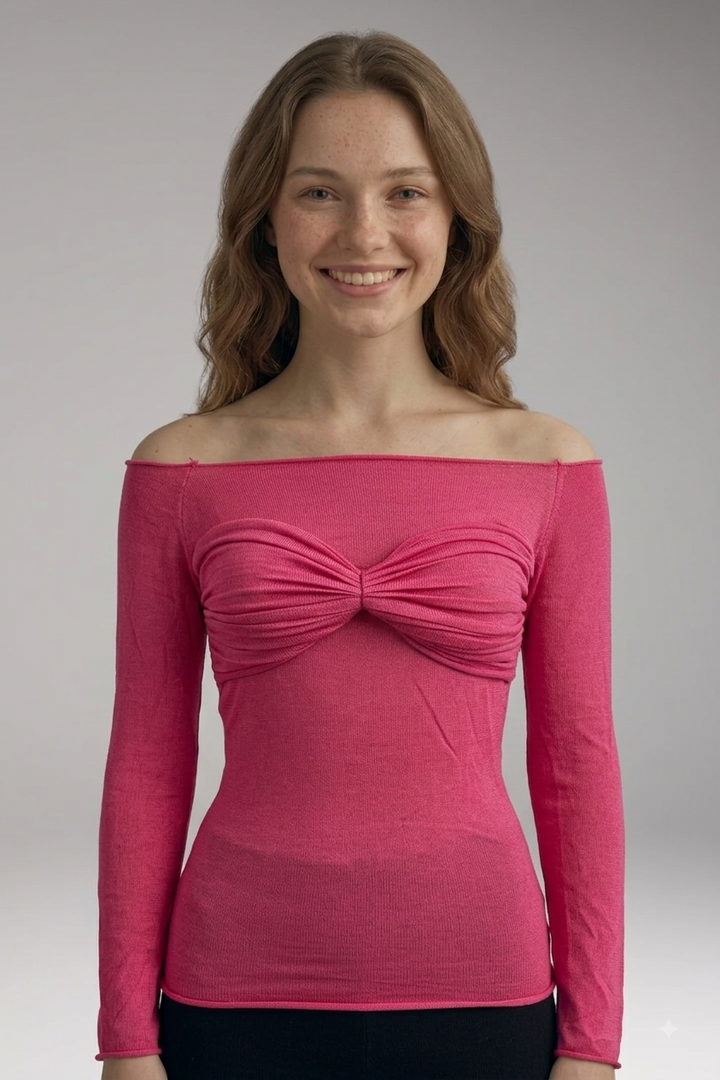Women's Off-Shoulder Long Sleeve Top with Twisted Ruched Bust