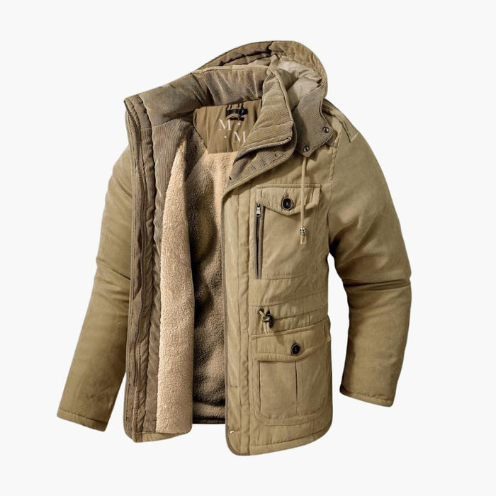Men's Hooded Winter Parka with Fleece Lining and Zip Closure