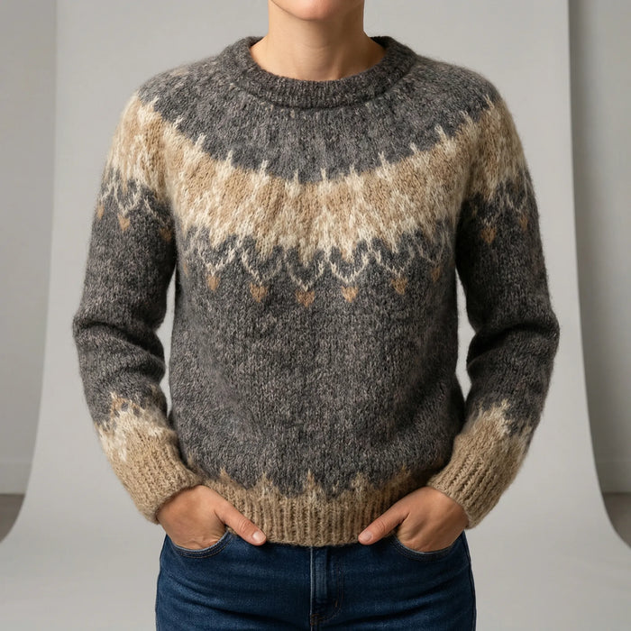 Women's Jacquard Crewneck Sweater with Long Sleeves