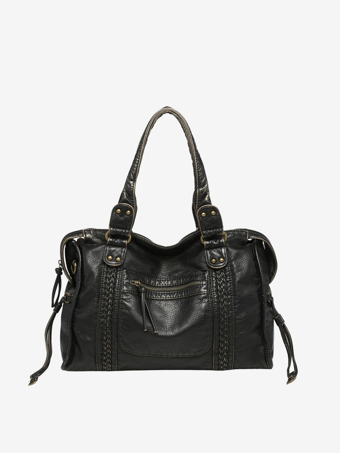 Women's Braided Shoulder Bag with Front Zipper Pocket