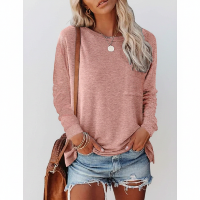 Women's Long Sleeve Round Neck Top with Chest Pocket