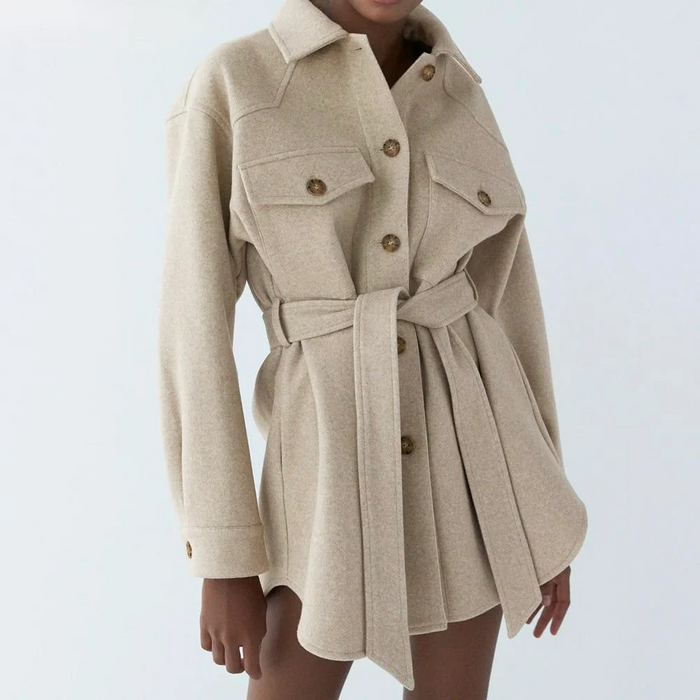 Women's Belted Long Wool Coat with Classic Collar