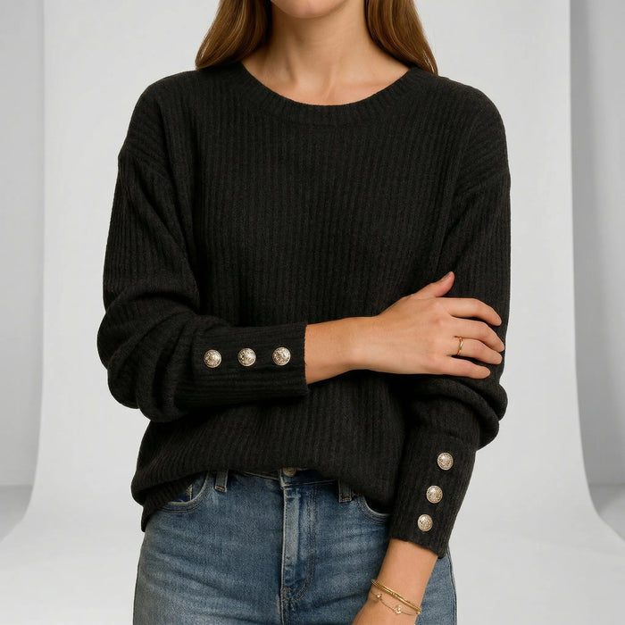 Women's Ribbed Crew Neck Sweater with Button Cuffs