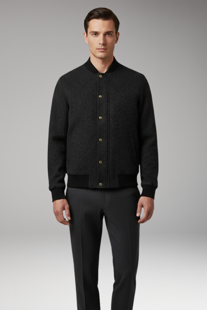 Men's Bomber Jacket with Button Closure and Ribbed Hem