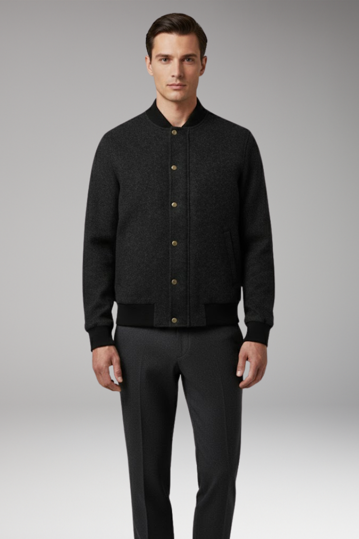 Men's Bomber Jacket with Button Closure and Ribbed Hem