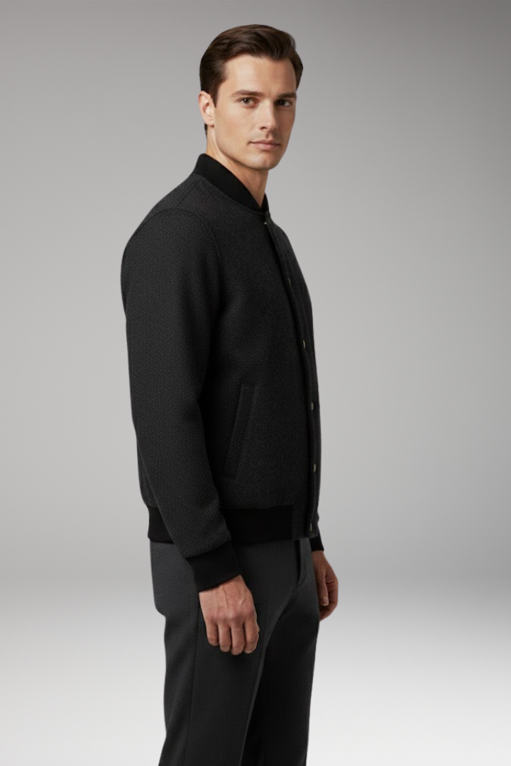 Men's Bomber Jacket with Button Closure and Ribbed Hem