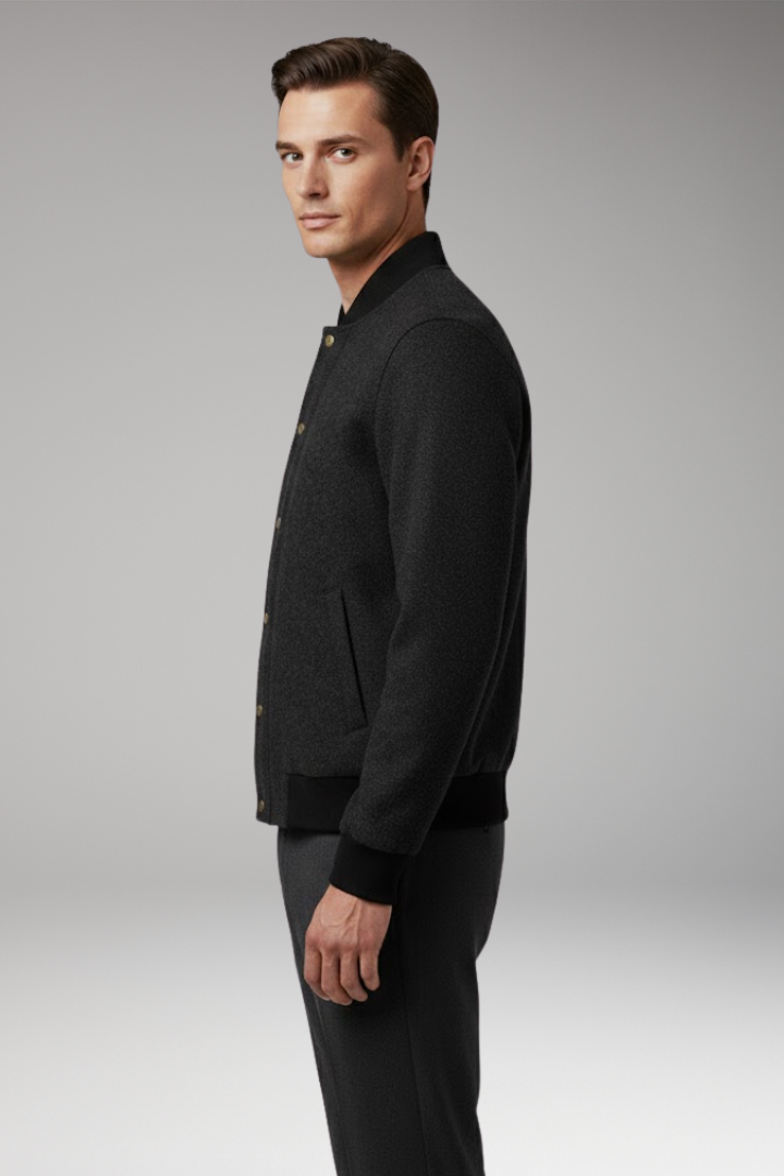 Men's Bomber Jacket with Button Closure and Ribbed Hem