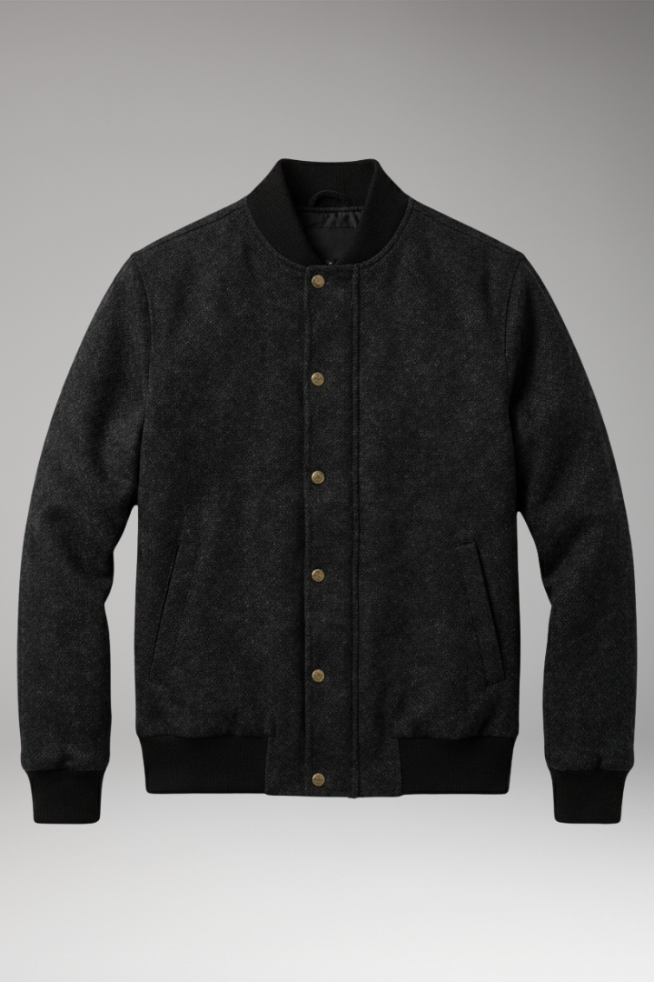 Men's Bomber Jacket with Button Closure and Ribbed Hem