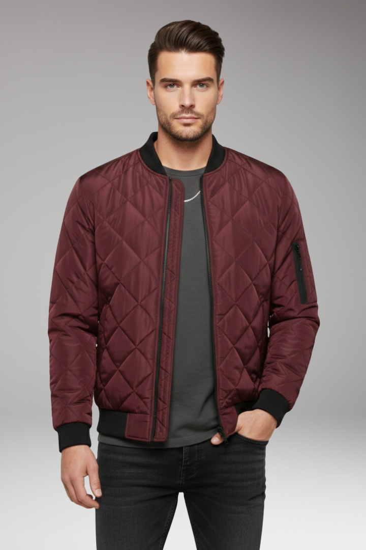 Men's Bomber Jacket with Diamond Quilting and Zipped Sleeve Pocket