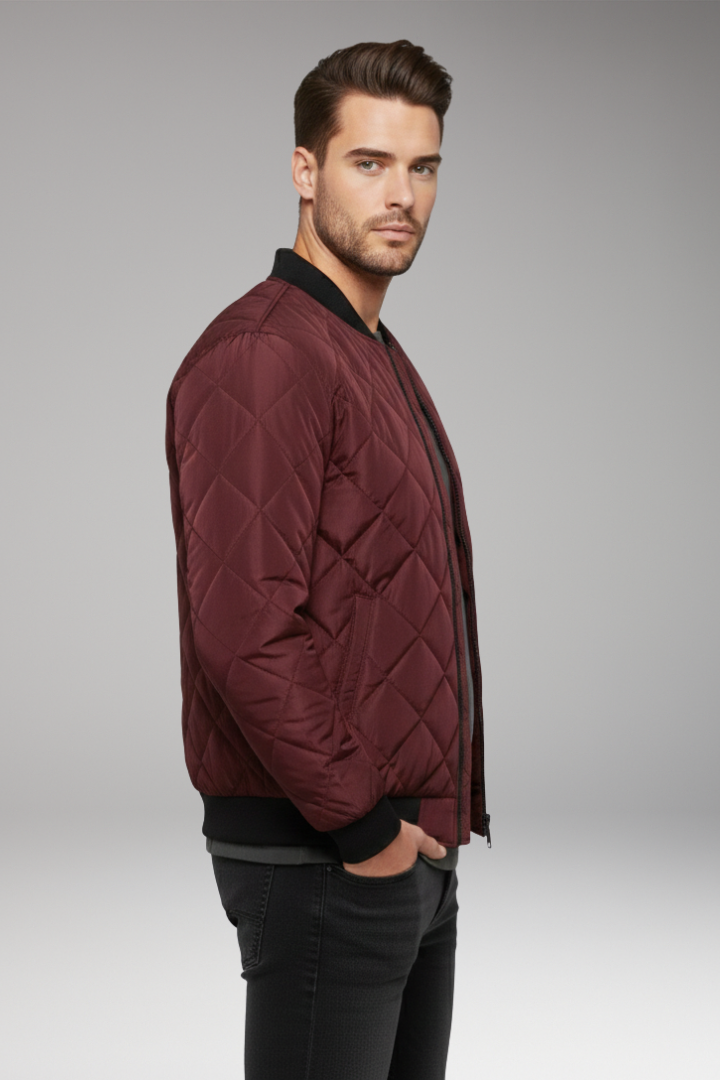 Men's Bomber Jacket with Diamond Quilting and Zipped Sleeve Pocket