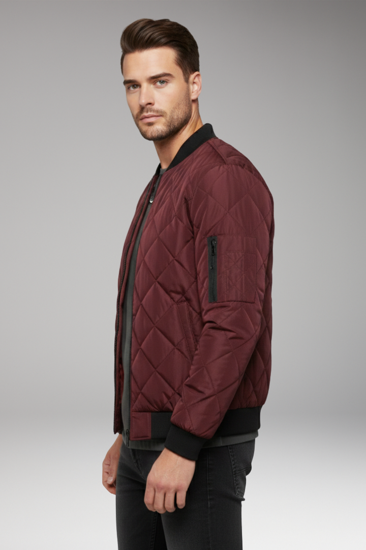 Men's Bomber Jacket with Diamond Quilting and Zipped Sleeve Pocket