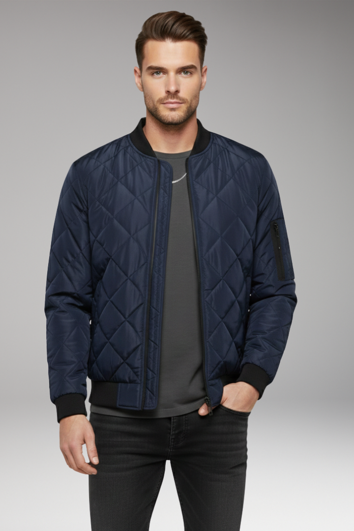 Men's Bomber Jacket with Diamond Quilting and Zipped Sleeve Pocket