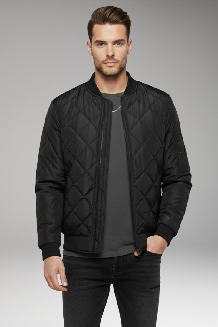 Men's Bomber Jacket with Diamond Quilting and Zipped Sleeve Pocket