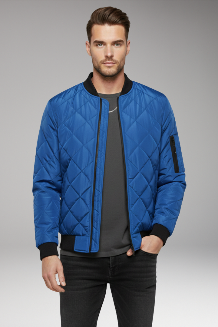Men's Bomber Jacket with Diamond Quilting and Zipped Sleeve Pocket