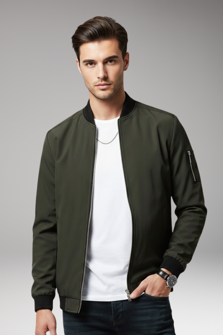 Men's Bomber Jacket with Full Zipper and Multiple Pockets