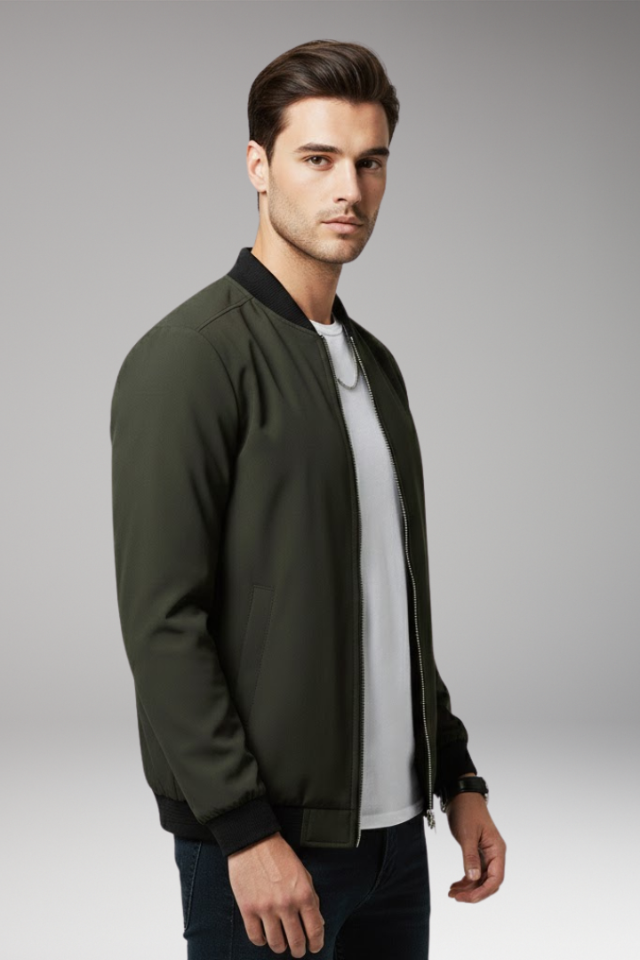 Men's Bomber Jacket with Full Zipper and Multiple Pockets