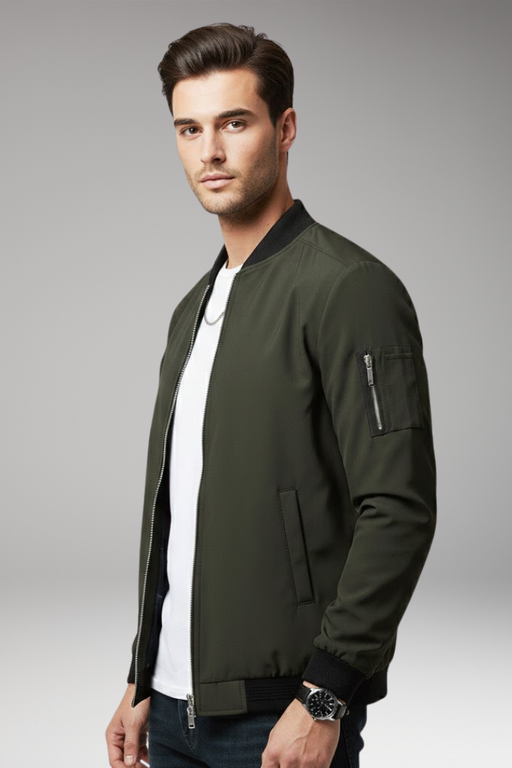 Men's Bomber Jacket with Full Zipper and Multiple Pockets