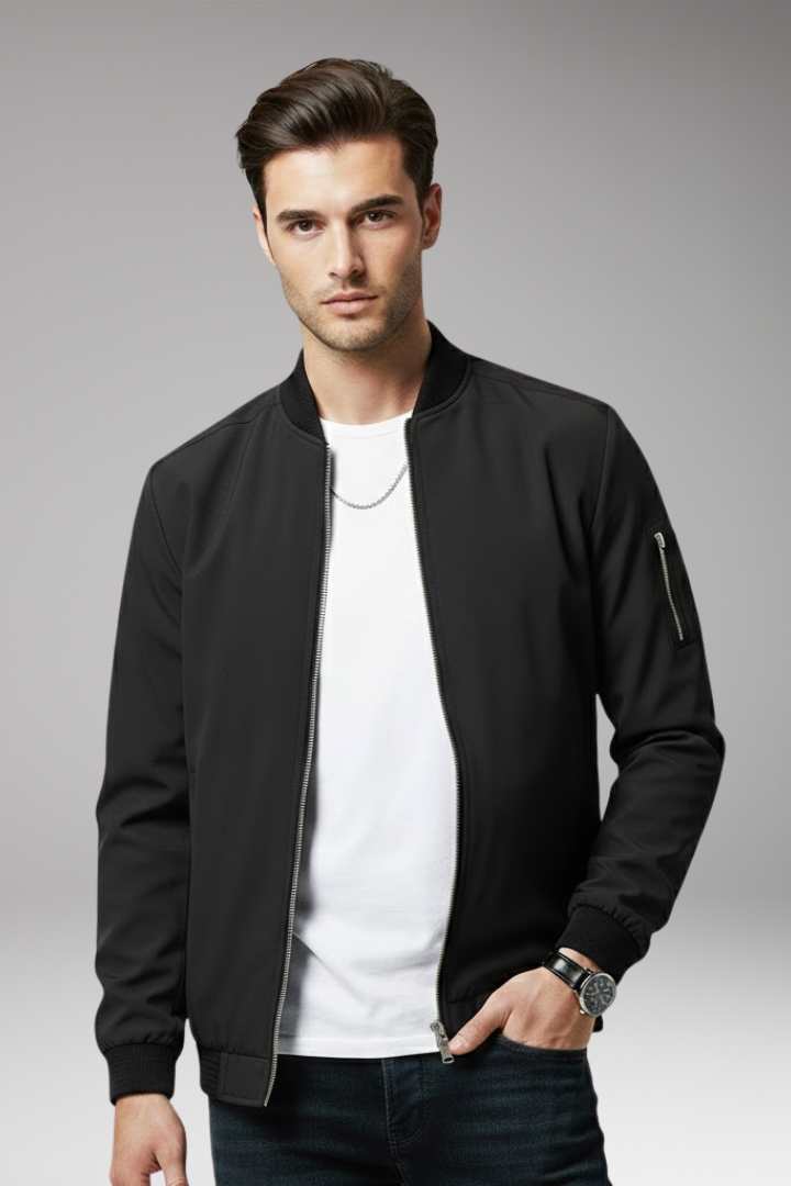 Men's Bomber Jacket with Full Zipper and Multiple Pockets