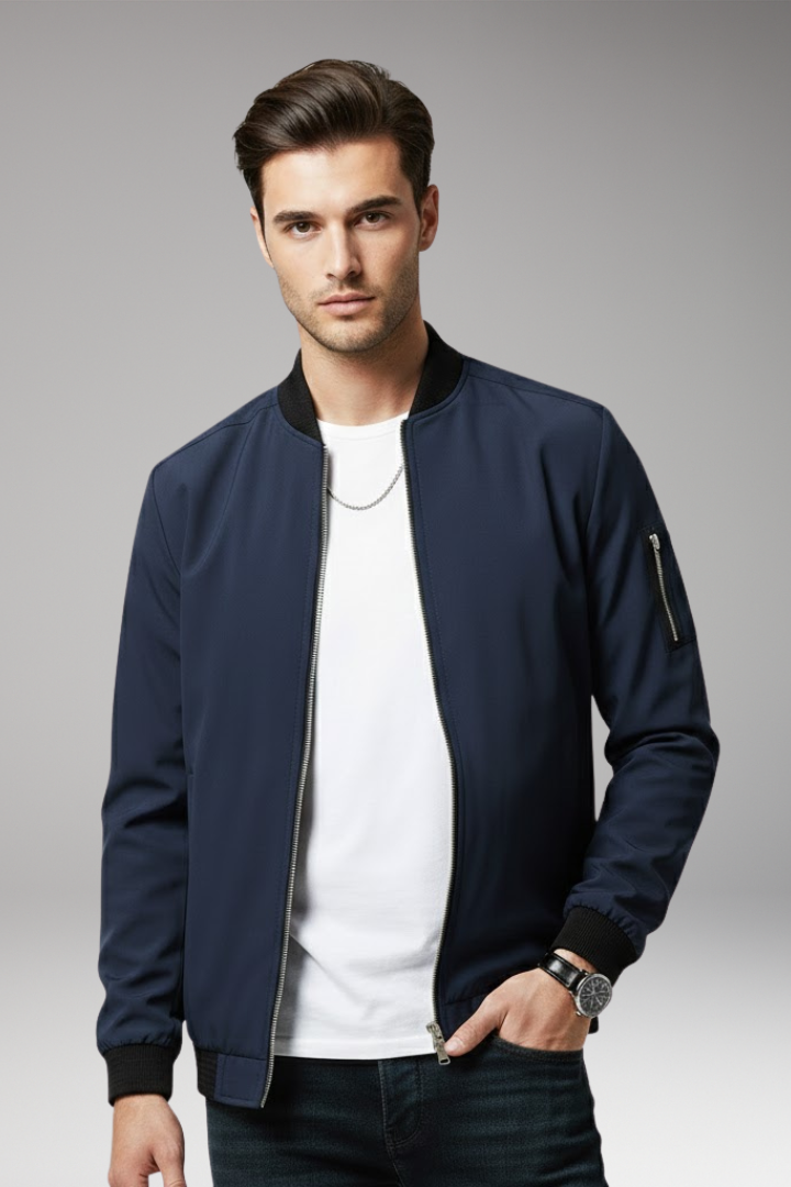 Men's Bomber Jacket with Full Zipper and Multiple Pockets