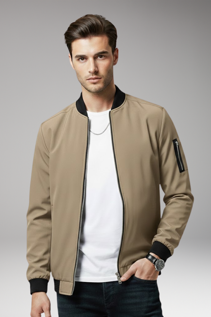Men's Bomber Jacket with Full Zipper and Multiple Pockets