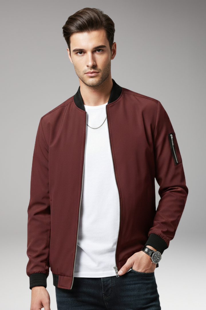 Men's Bomber Jacket with Full Zipper and Multiple Pockets