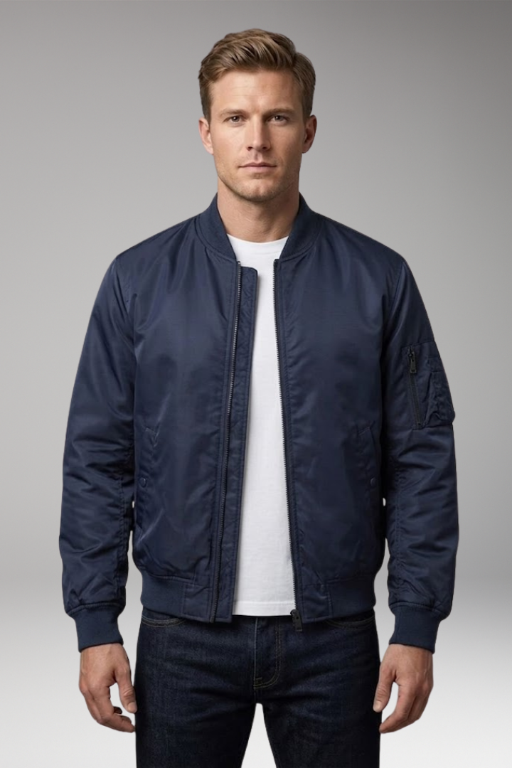Men's Bomber Jacket with Inner Lining and Front Zipper