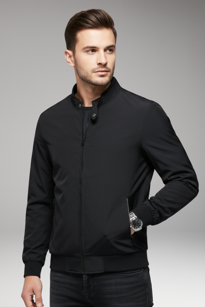 Men's Bomber Jacket with Stand-Up Collar and Zipper Closure