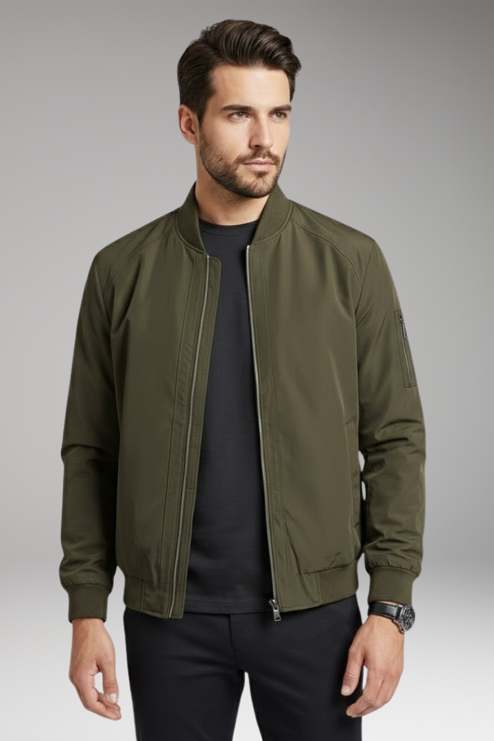 Men's Bomber Jacket with Stand-Up Collar and Zipper