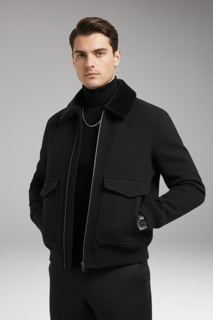 Men's Bomber Jacket with Two-Way Zipper and Ribbed Hem