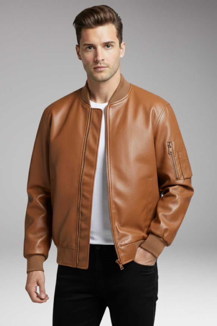 Men's Bomber Jacket with Zipper and Sleeve Pocket