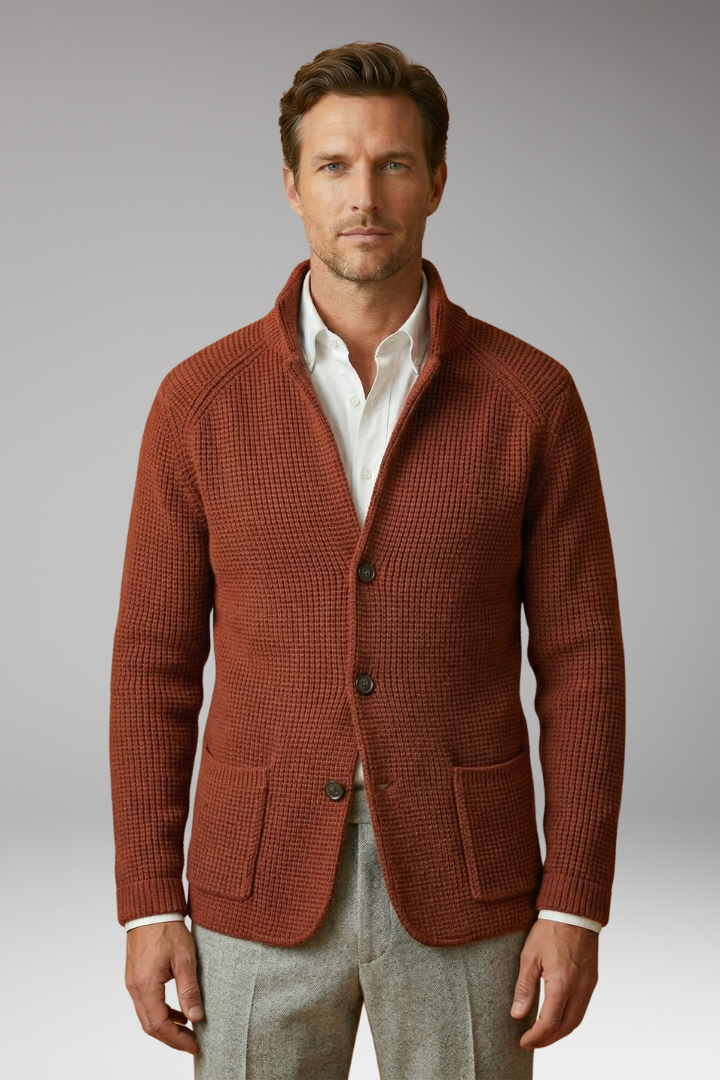Men's Cardigan with High Collar and Side Pockets
