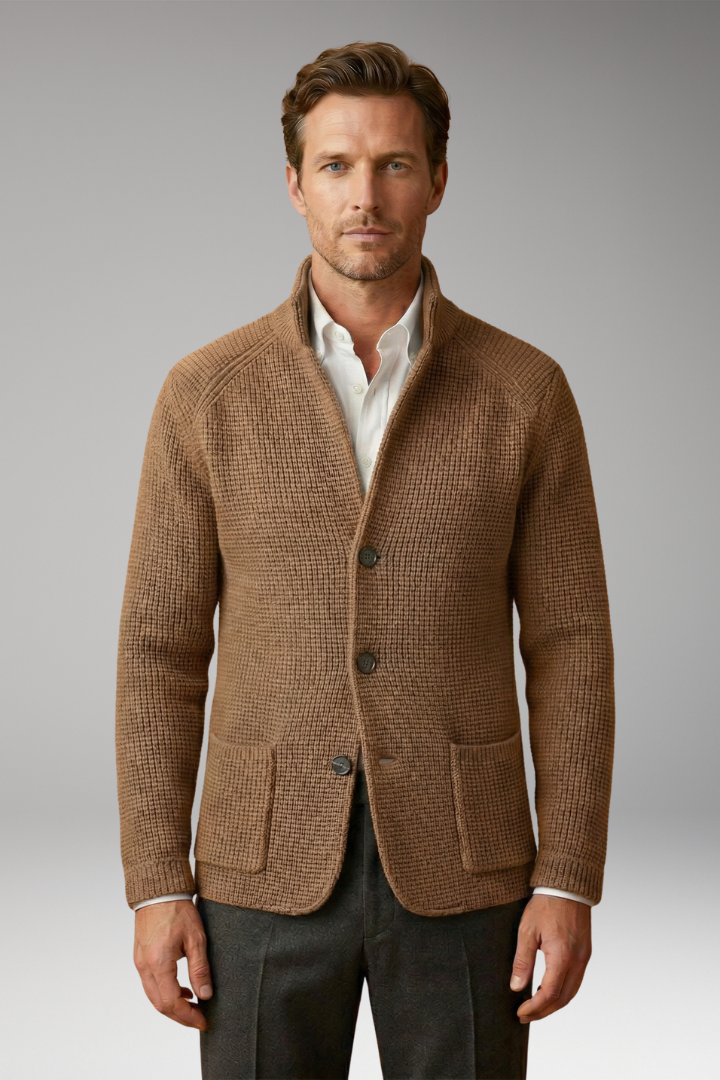 Men's Cardigan with High Collar and Side Pockets