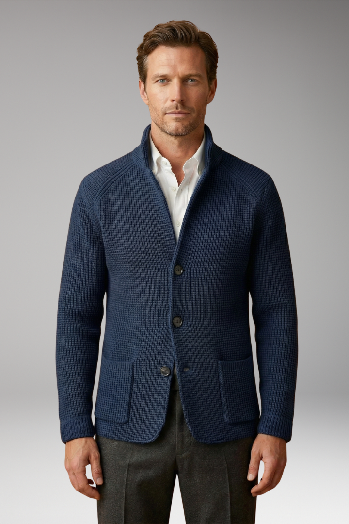 Men's Cardigan with High Collar and Side Pockets