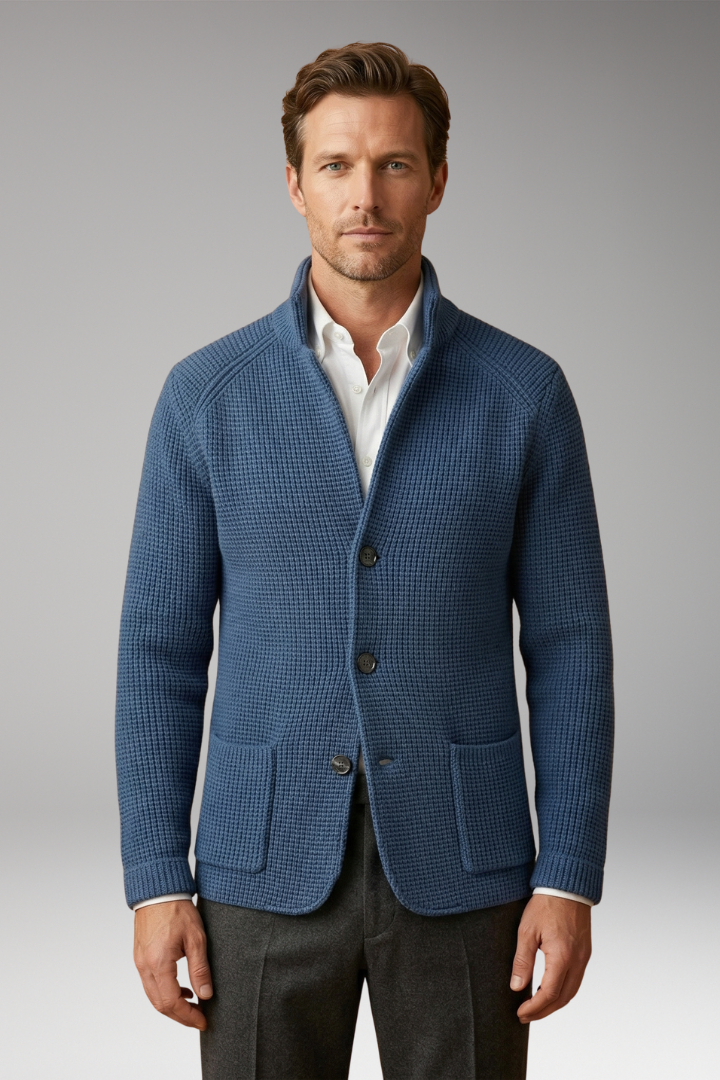 Men's Cardigan with High Collar and Side Pockets