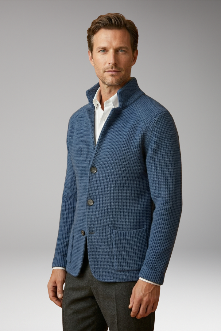 Men's Cardigan with High Collar and Side Pockets