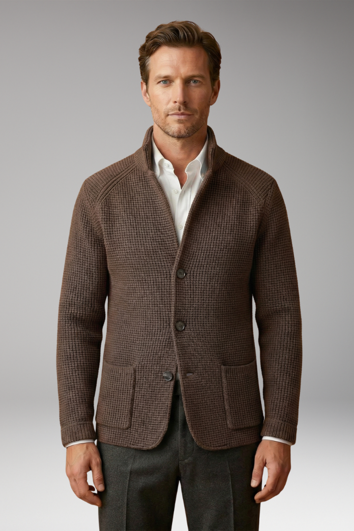 Men's Cardigan with High Collar and Side Pockets