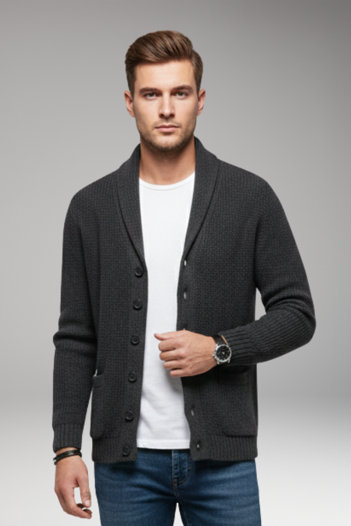 Men's Cardigan with Shawl Collar and Button Placket